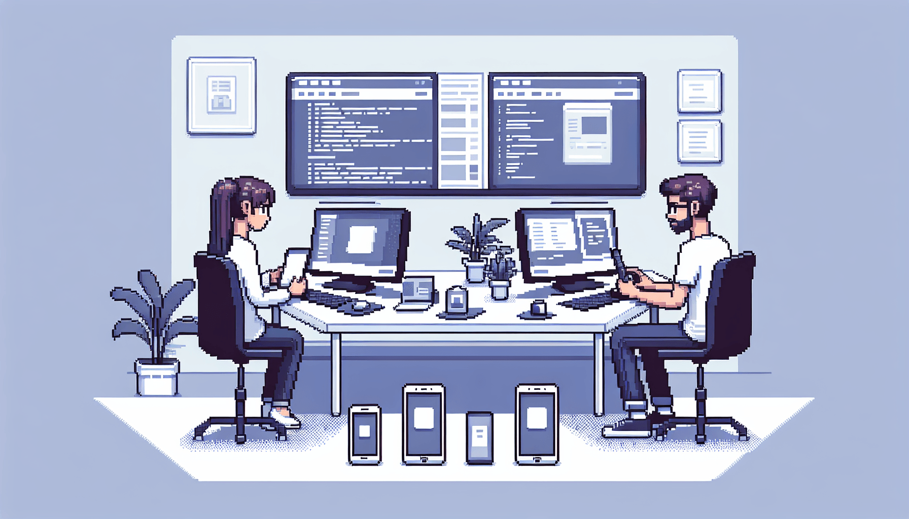 Zwei Personen entwickeln eine App an einem Schreibtisch